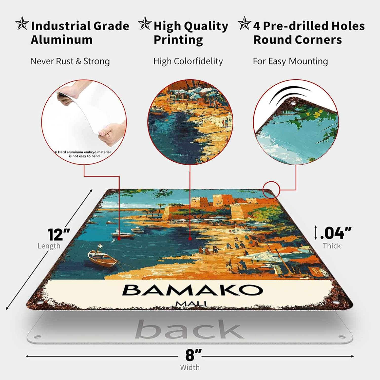 Bamako Mali Landscape Art Vintage Travel Aluminum Metal Sign 8 x 12 Inch image 2