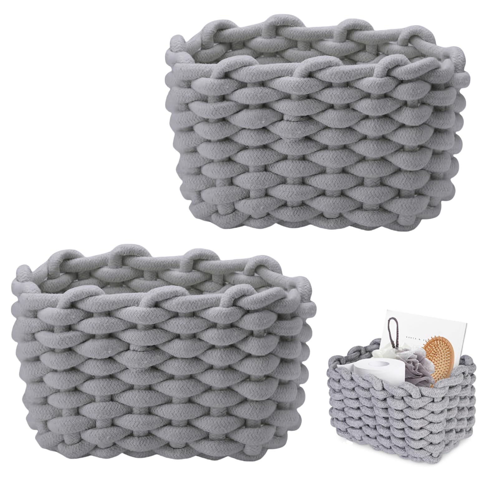 JAONLD 2 Stück Burr Basket 20 x 15 x 12 cm Häkelkorb Quadrat Aufbewahrungskorb Klein Organizer Korb Aufbewahrungskorb Kinder Körbe Geflochten für Babyzimmer, Schlafzimmer, Wohnzimmer (Grau)