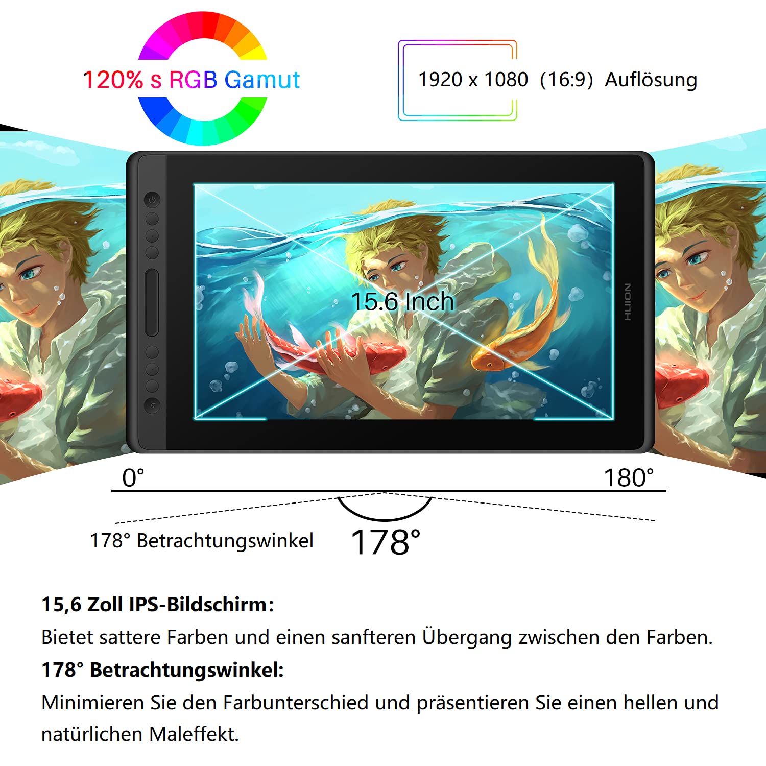 HUION Kamvas Pro 16 Grafiktablett mit Display, 15,6 Zoll Zeichentablett mit Tilt-Funktion, 6 Drucktasten,1 Touch-Leiste, Blendfreies geätztes Glas,Konnektivität mit Windows & Mac, Ideal zum Malen