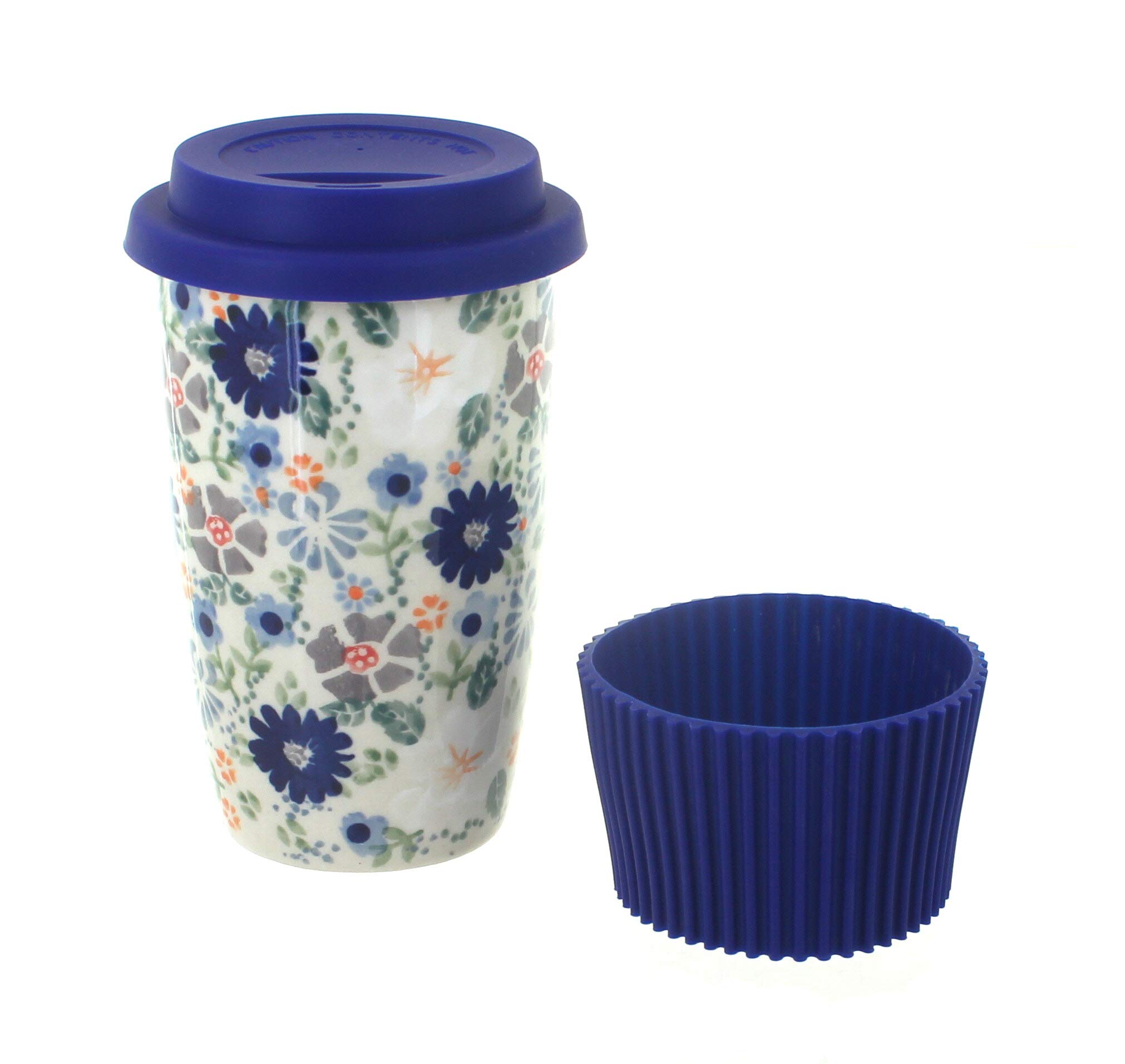 Blue Rose Polish Pottery - Gray Carnival Travel Coffee Mug - 12 oz - Mug for On-The-Go, Fits Most Car Cup Holders