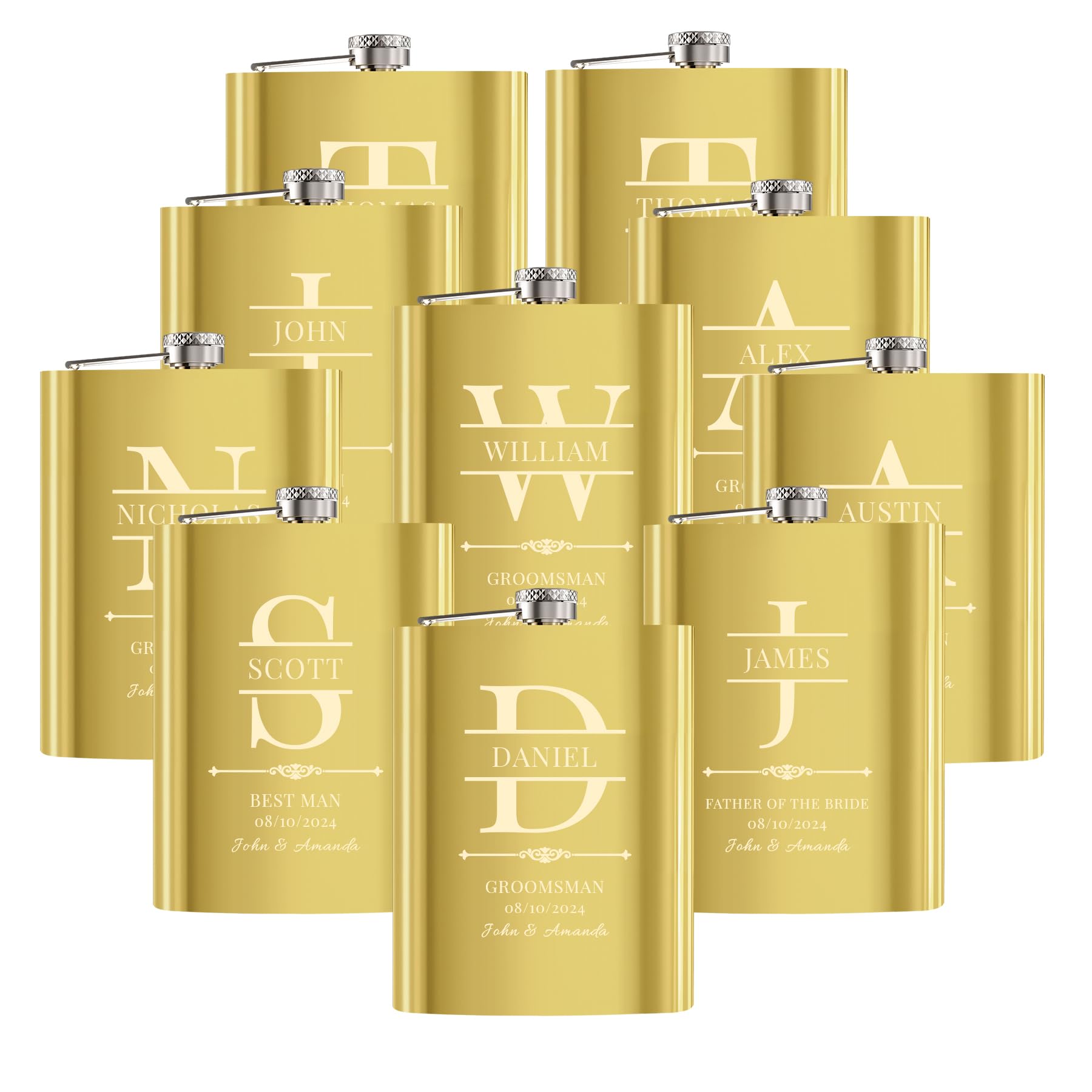 10 Pieces Personalised Hip Flasks for Groomsmen Gifts, 8oz Engraved Alcohol Flasks for Wedding, Customised Whisky Hip Flask for Bachelor Stag Party, Father of the Bride Gifts (Gold)