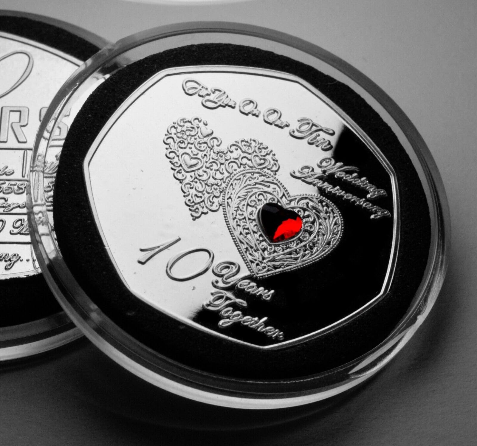 The Commemorative Coin Company For You ON OUR 10th TIN WEDDING ANNIVERSARY Commemorative in Capsule. Gift/Present. Red Diamante Gemstone. 10 Years