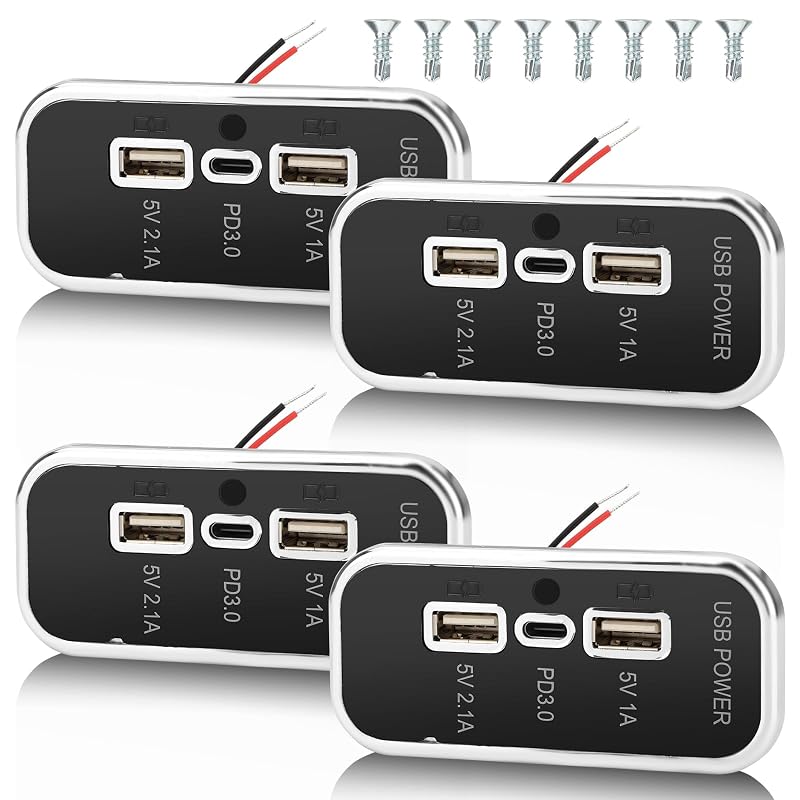 Kit com 4 tomadas USB automotivas de painel com 1 USB-C PD3.0 e 2 USB-A, 12–24 V, 45,5 W, prata