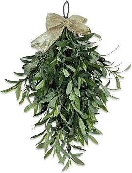 Upgraded 24" Artificial Olive Branch Teardrop Swag for Front Door Fuller Realistic Faux Olive Leaf Greenery Wreath, Farmhouse Rustic Door Decoration for Wall, Porch, Indoor Outdoor Year Round Decor