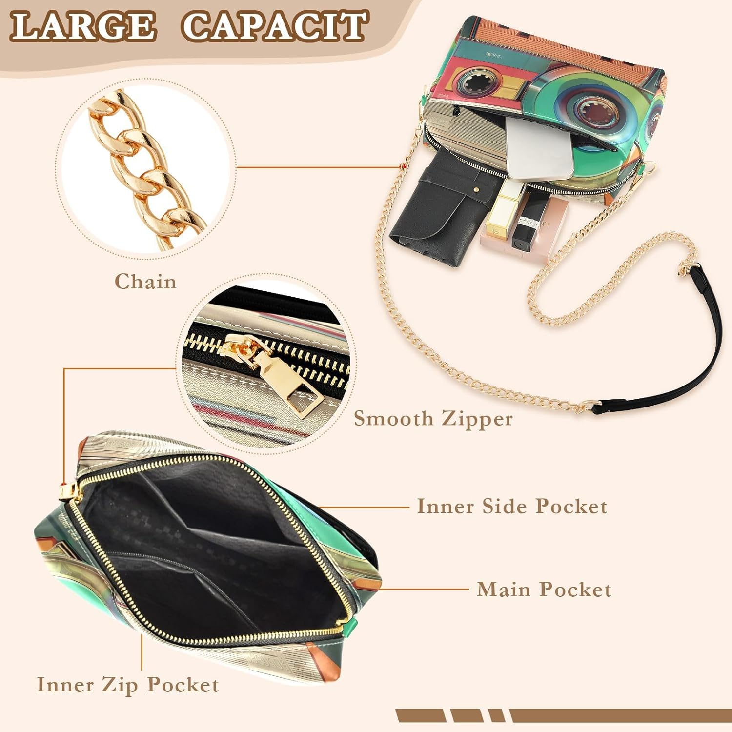 Crossbody Bags for Women, Tape Colorful Small PU Leather Crossbody Purses and Handbags for Shopping Travel