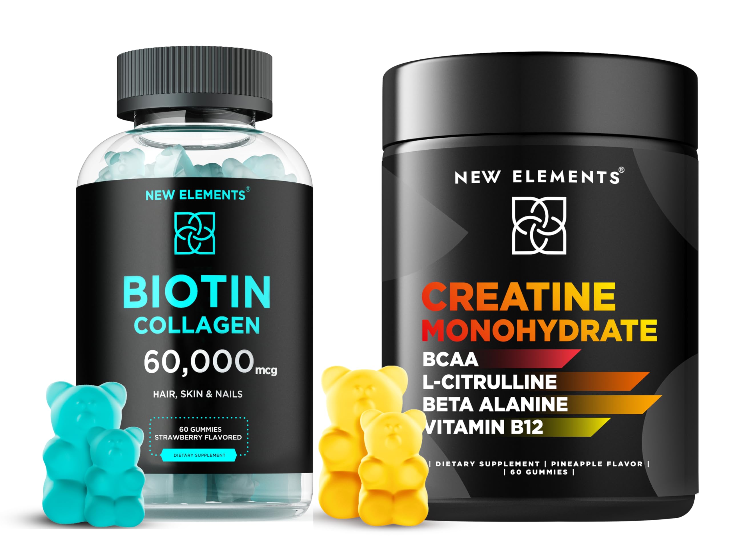 Biotin Gummies 10000mcg with Collagen Peptides 50000mcg | Creatine Monohydrate Gummies with BCAA L-Citrulline Beta Alanine & Vitamin B12 | Non-GMO | Gluten-Free