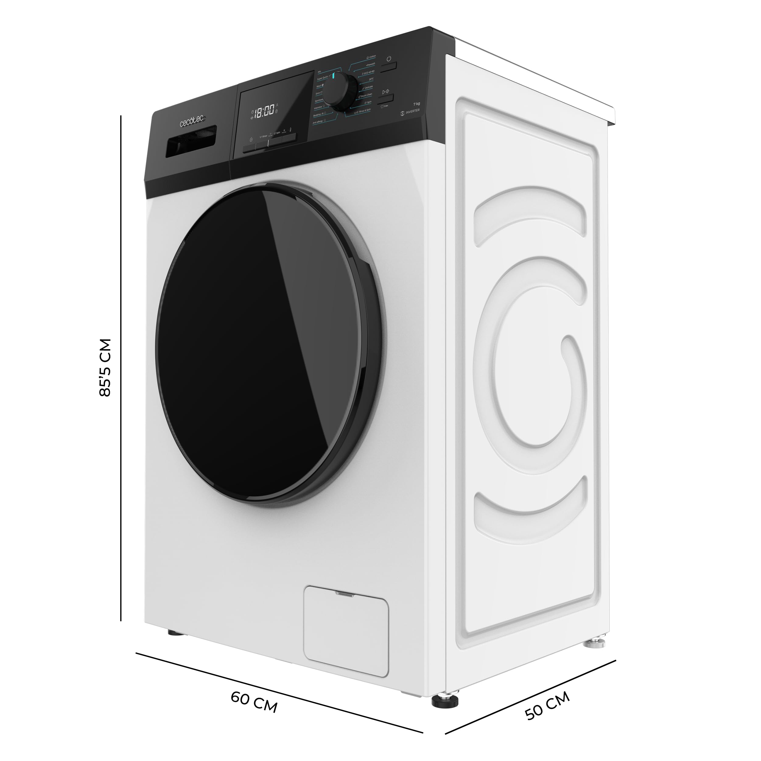 Cecotec Lavadora de Carga Frontal Bolero Dresscode 7411 Inverter, 1850W, 1200rpm, 7 kg, 16 programas, Motor Inverter Plus, Clase A, KidLock, DelayStart, SteamMax, DrumClean, Stop&Go, Blanca