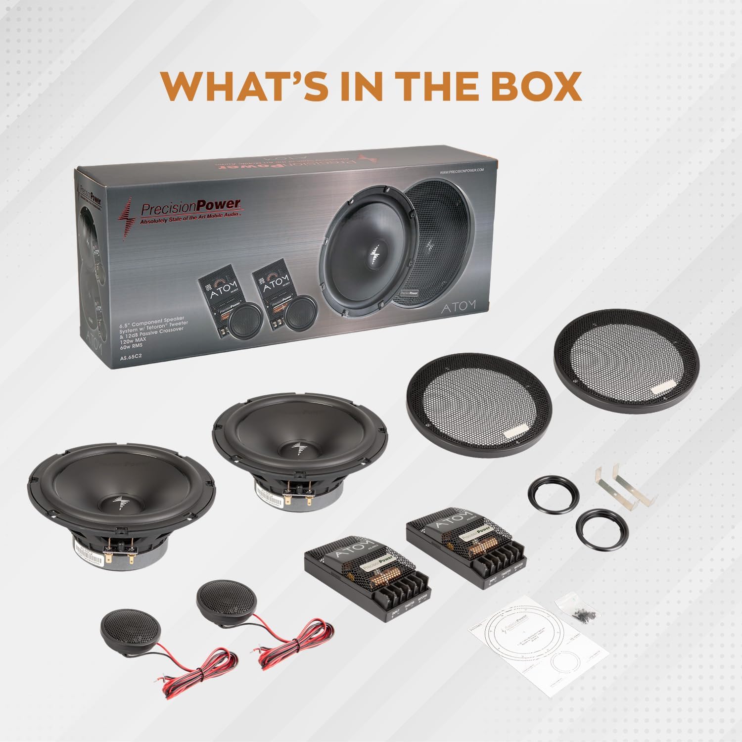 Precision Power Atom AS.65C2 | 6.5” High Fidelity Component Speaker System, 120W Max 4-Ohm Car Speakers with 1” Tetoron® Fabric Dome Tweeters, Crisp and Clear 65Hz–20kHz at 89.6dB