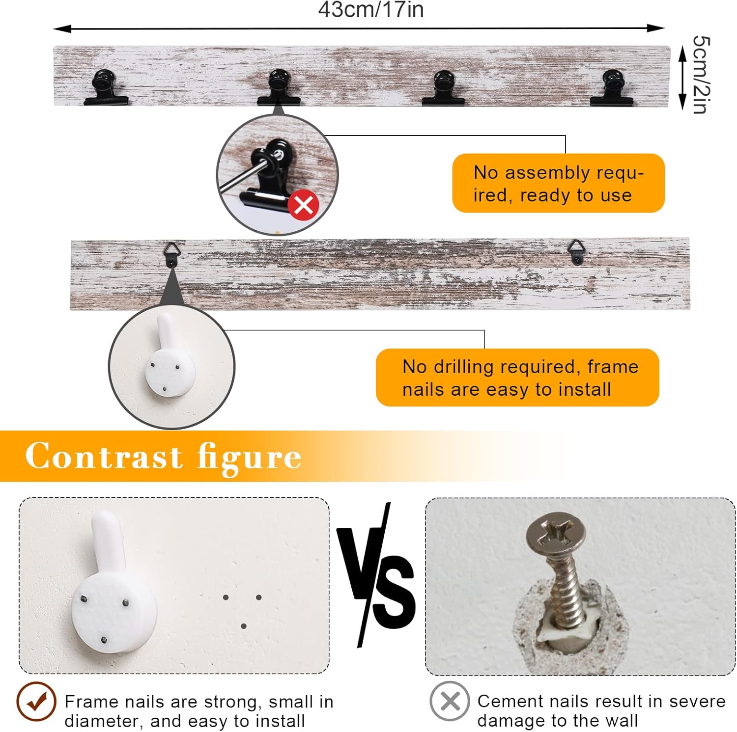 Picture Frame With 24 Clips,Large Size Collage Photo Frames, Hanging Wall Decor Frame, Organize and Display Photos, Artwork. No Assembly Required, Distressed White