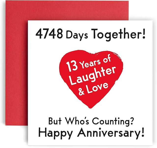 Huxters Anniversary Card  Premium Happy 13th Wedding Anniversary Wedding Card  Funny Card for Husband or Wife  Beautiful Illustration and Artwork  14.8cm square card (13th Anniversary)