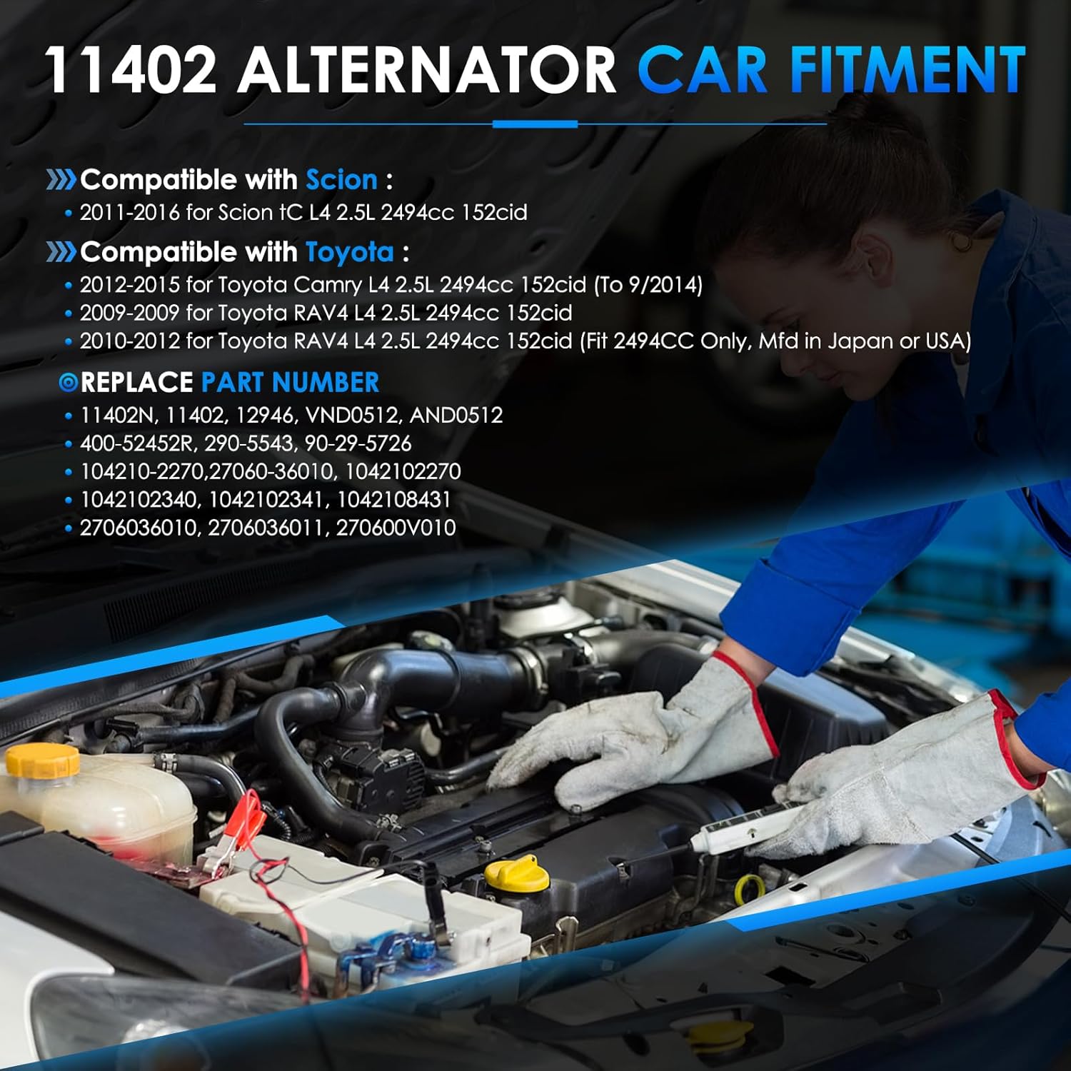 11402 Car Alternators Fit for Toyota Camry Alternator 2012-2015, for RAV4 2009-2012, for Scion tC 2011-2016 L4 2.5L Automotive Replacement Alternators 11402N, 12946, 2706036010, 1042102270