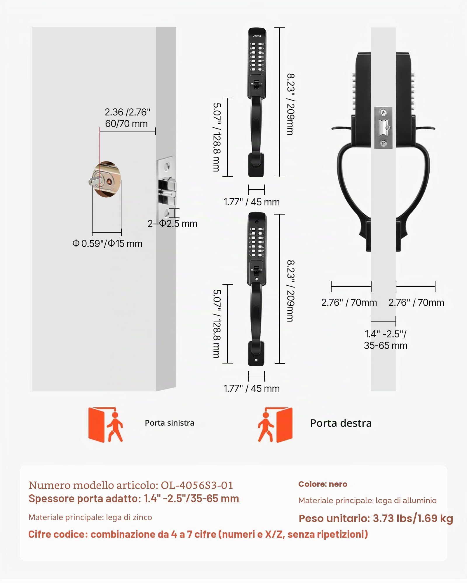 VEVOR Serratura Meccanica a Combinazione per Porte con Tastiera Bifacciale Codice da 4-7 Cifre con Manico, Serratura Senza Chiave a Combinazione Porte d'Ingresso, Giardino, Cancello, Nero