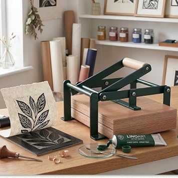Linocut Press Machine for Printmaking, A5 Size (22 x 15 cm) Green | Portable manual tabletop lever press for relief, block and letterpress art. Printmaking tool for lino & woodcut blocks