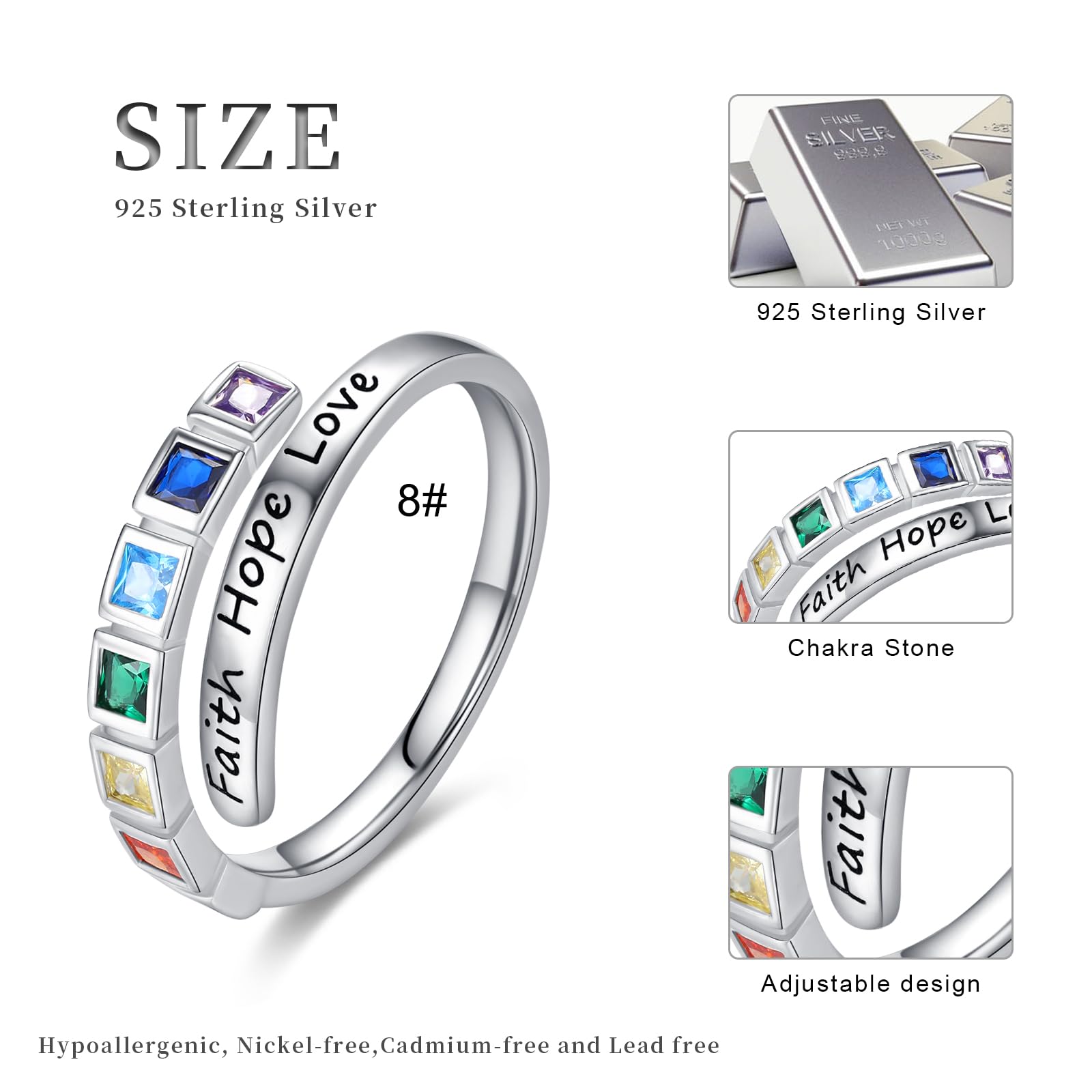 Bague en argent sterling 925 réglable avec chakra - Bijou de yoga - Cadeau de guérison pour femme et fille