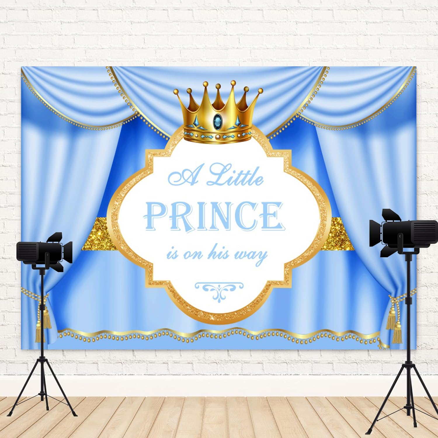 Toile de fond bleue pour fête prénatale « A Little Prince is On His Way » - 3 x 2,4 m - Couronne dorée - Bannière de fête prénatale - Décoration pour nouveau-né garçon