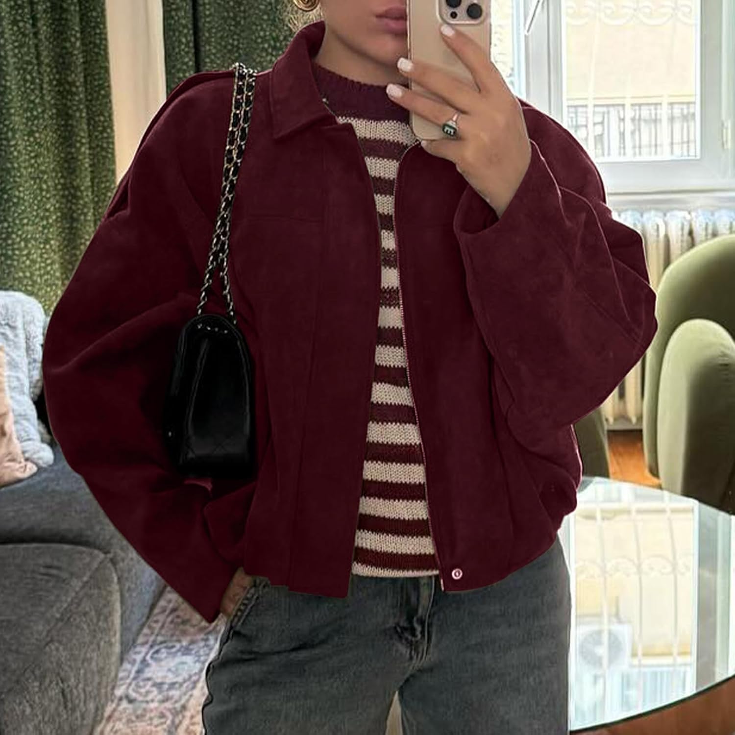 HOTIAN Women's Faux Suede Bomber Jacket Zipper Pilot Coat Casual Lapel Oversized Long Sleeves Y2K Outerwear Coats - Image 4