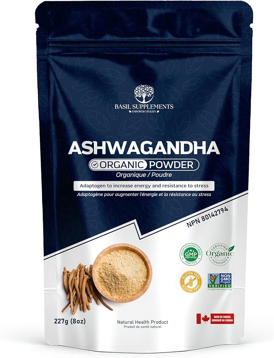 BASIL SUPPLEMENTS Organic Ashwagandha Powder by Basil Supplements | Pure Ashwagandha Root Powder | 100% Natural Ayurvedic Adaptogen for Stress Support, Energy, Focus & Vitality | Non-GMO, Vegan, Gluten-Free | 227g