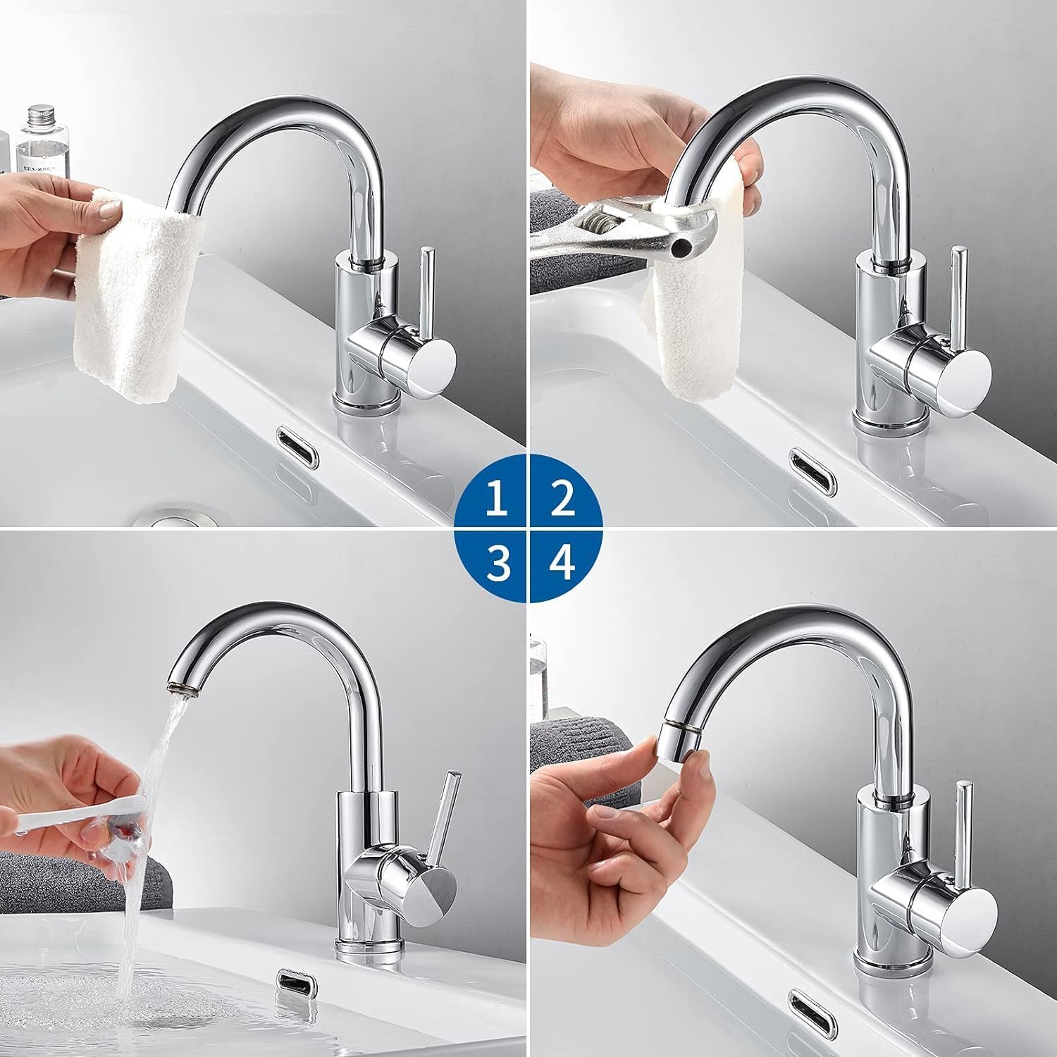 Mitigeur Lavabo, Auralum Robinet Salle de Bain Monocommande Bec Haut Pivotant à 360°, Aérateur Économie d'Eau, Conforme aux Normes de Potabilité, Chromé