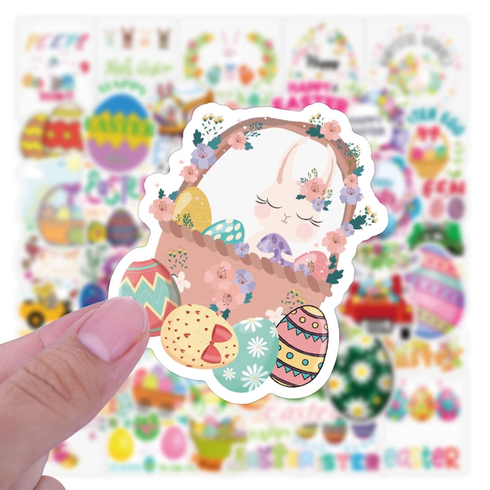 Zheqiai 50 Pcs Happy Easter Day Stickers Easter Bunny Rabbits Eggs Waterproof Stickers for Laptop Water Bottle Phone Skateboard Stickers for Adults Teens Boys Girls Kids, White-4