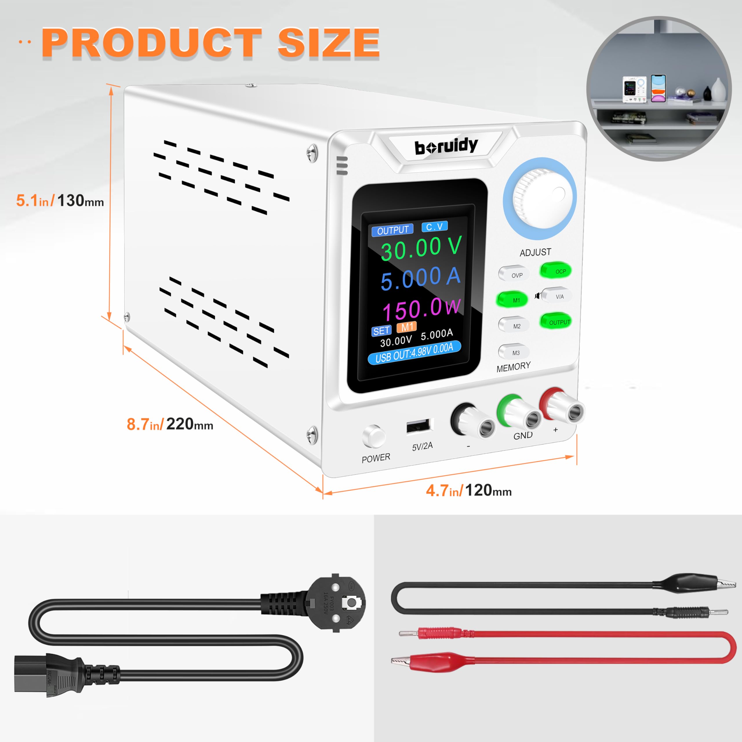 Alimentación de laboratorio ajustable 30 V 5 A boruidy 150 W codificador de alimentación estabilizada ajustable con memorias/salida/OCP OVP con carga rápida USB Pantalla en tiempo real y pantalla TFT
