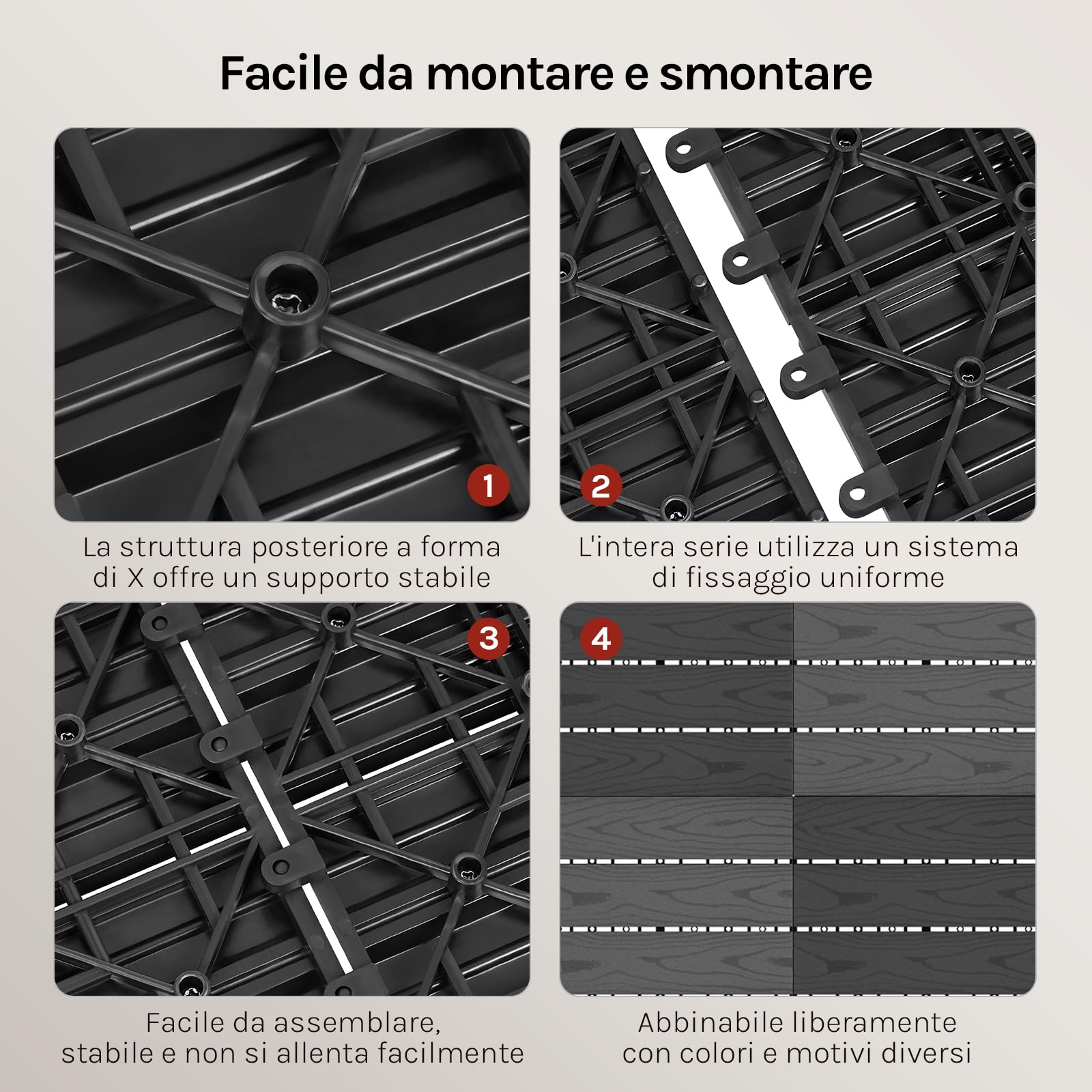 WOLTU 22 x Pavimentazione Esterna WPC ad Incastro 30x30cm,Grigio | Piastrelle ad Incastro, Per Balcone/Giardino/Terrazza, in WPC, Legno Composito, 22 Pannelli / 2 m², Grigio
