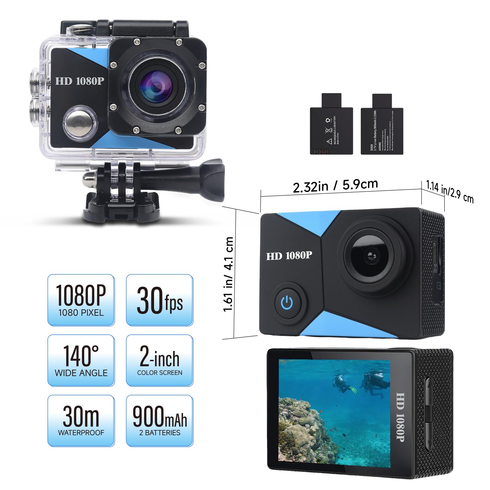 Caméra Sport 1080P 12MP 2" Écran LCD Étanche 30M avec Batteries et Accessoires Vélo