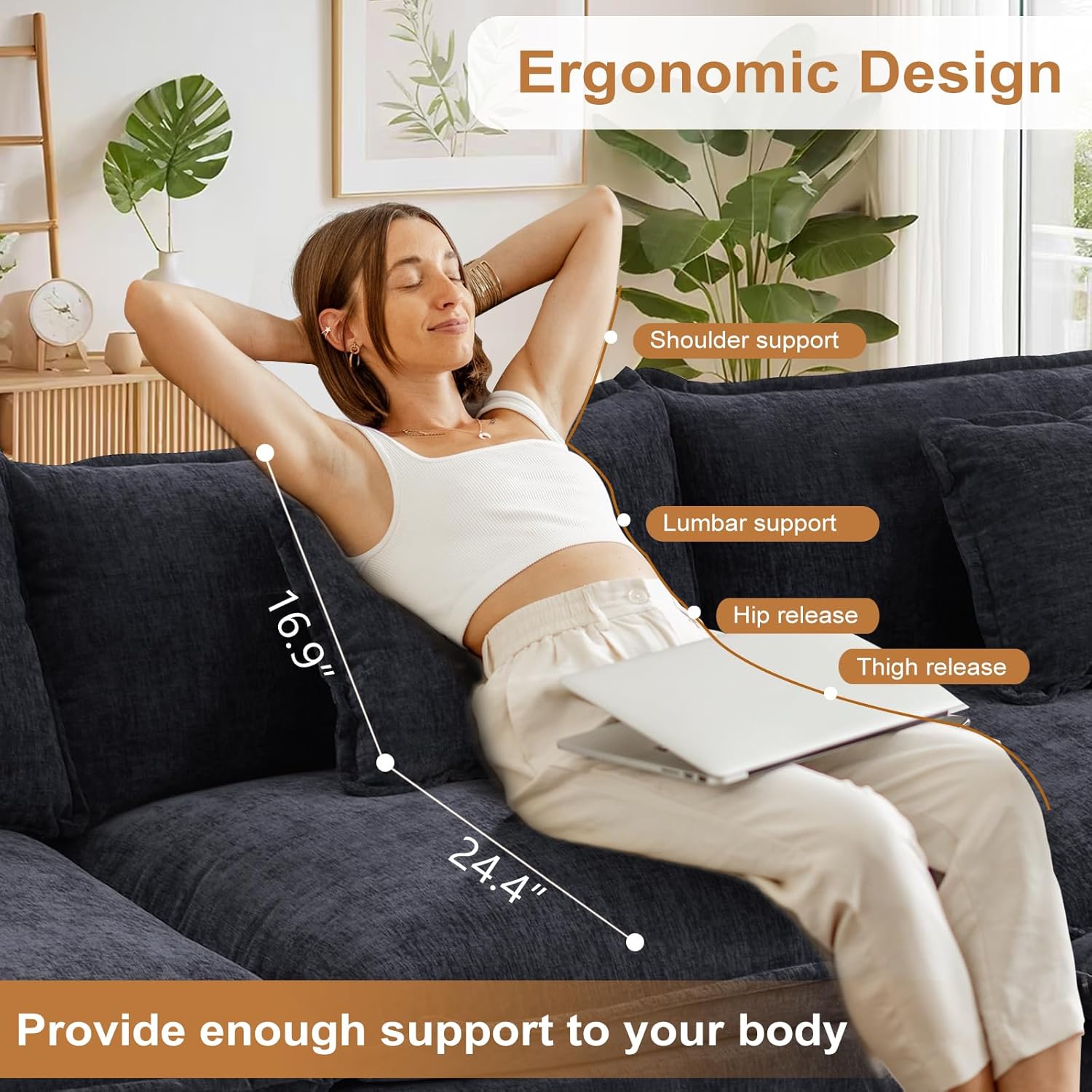 Furniliving 120‘’ L-Shaped Sofa, Luxury Chenille Modular Sectional Couches with Ottoman, Upholstered Deep Seat Sleeper Sofa with Memory Foam and Waist Pillows, Black