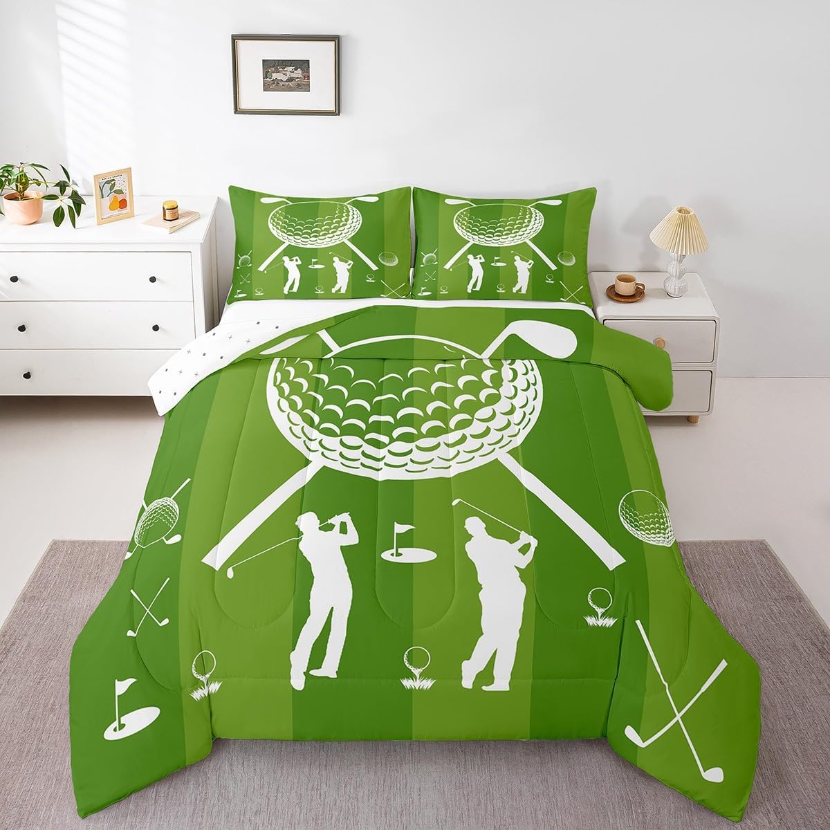 Erosebridal Golf Queen Comforter Set for Boys Sports Theme Bedding Set Green White Golf Club Quilt Set for Kids Teen Men Soft Lightweight Duvet Set for All Season Ball Games Room Decor 3 Pcs