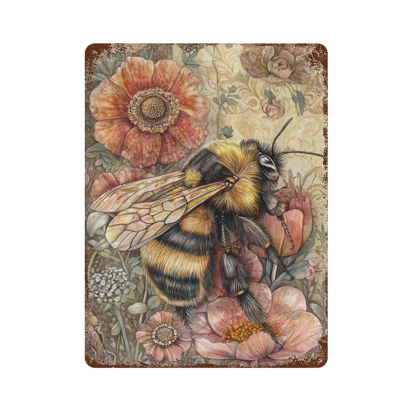 Bee on Pink Flower Vintage Rust Metal Sign 15.7"x11.8", Shabby Chic Decor for Shed, Workshop And Garage Wall Decor