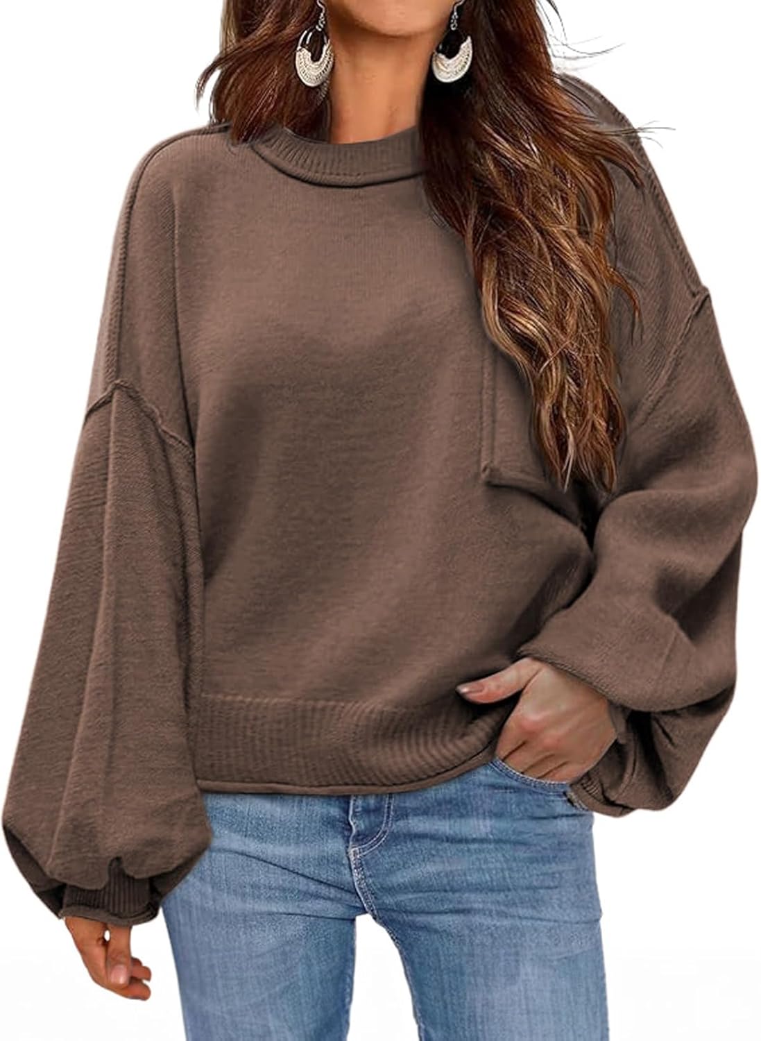 Dokotoo Women's Sweater 2025 Fall Winter Long Sleeve Casual Tops Ribbed Hem Knitwear Lantern Pullover Sweater