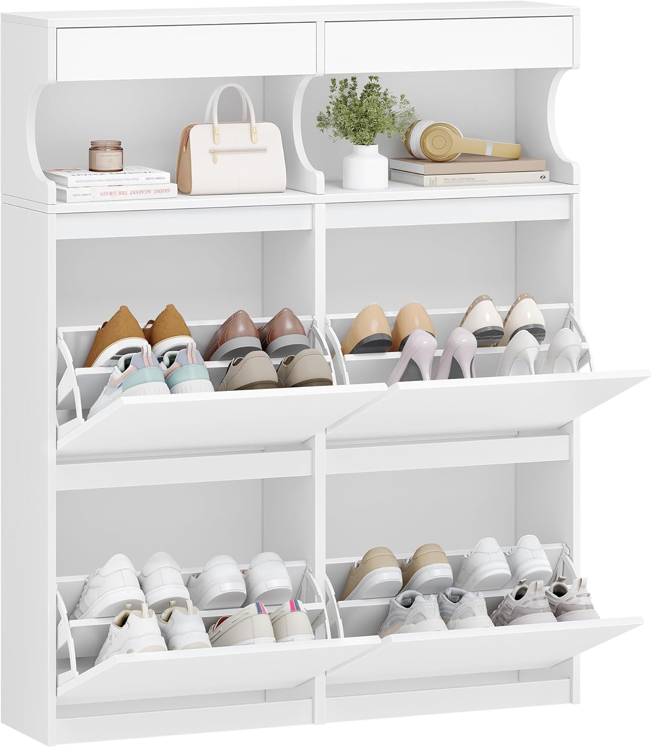 Hzuaneri Shoe Cabinet with 4 Flip Drawers & 2 Top Drawers, Narrow Hidden Shoe Storage Cabinet for Entryway, Freestanding Shoes Organizer with Storage Space, 16-20 Pairs, for Hallway, White SR57603X