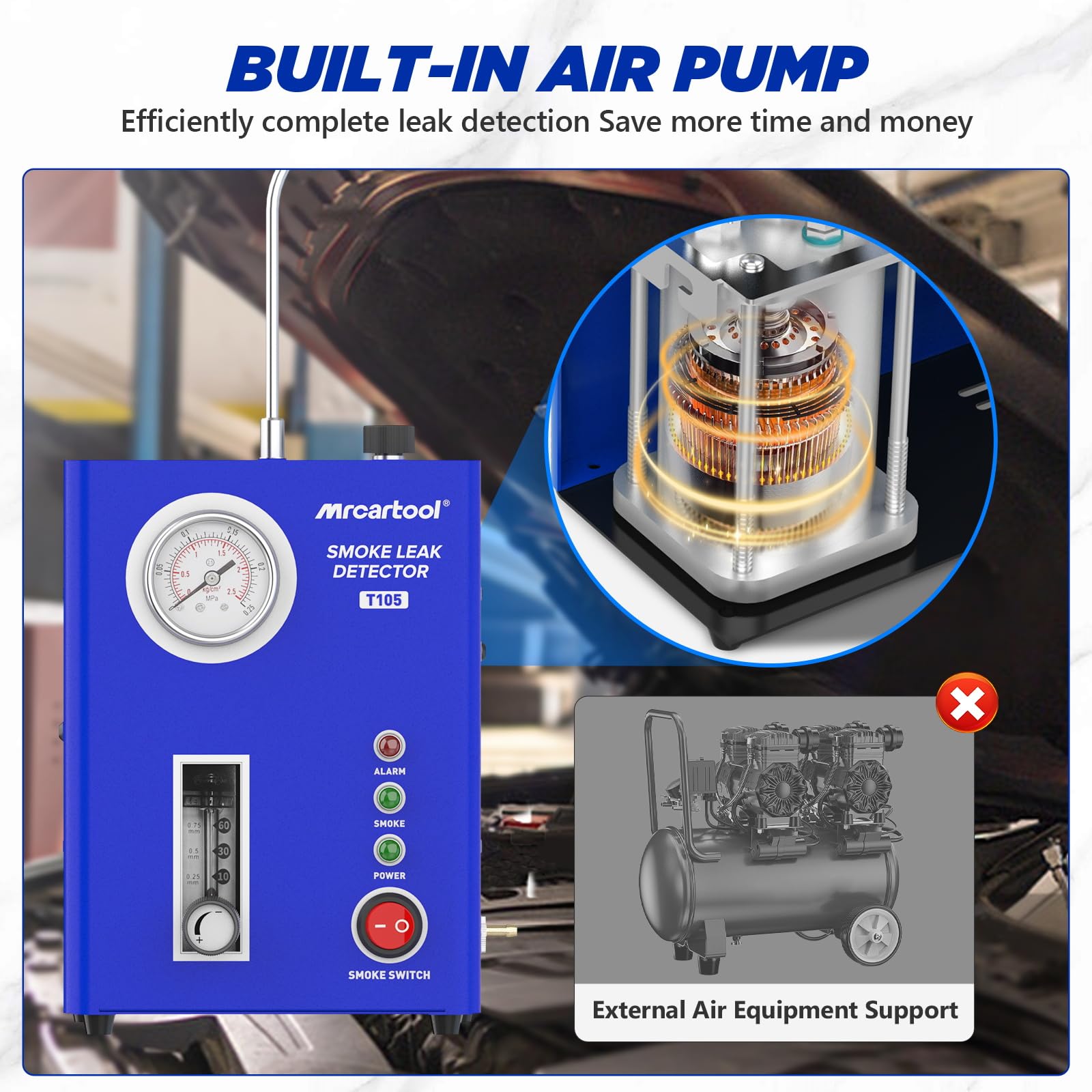 Tester di perdite per automobili con macchina del fumo T105, con pompa dell'aria integrata e manometro, tester diagnostico EVAP e rilevatore di perdite di carburante per tubazioni, per veicoli a 12V