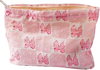 KESTAR Large Makeup Bag for Purse, Pink Grid Bow Cosmetic Bag for Women Girls, Cute Pink Bowknot Canvas Travel Toiletry Bag Organizer, Aesthetic Coquette Makeup Pouch Cosmetic Pouch with Zipper