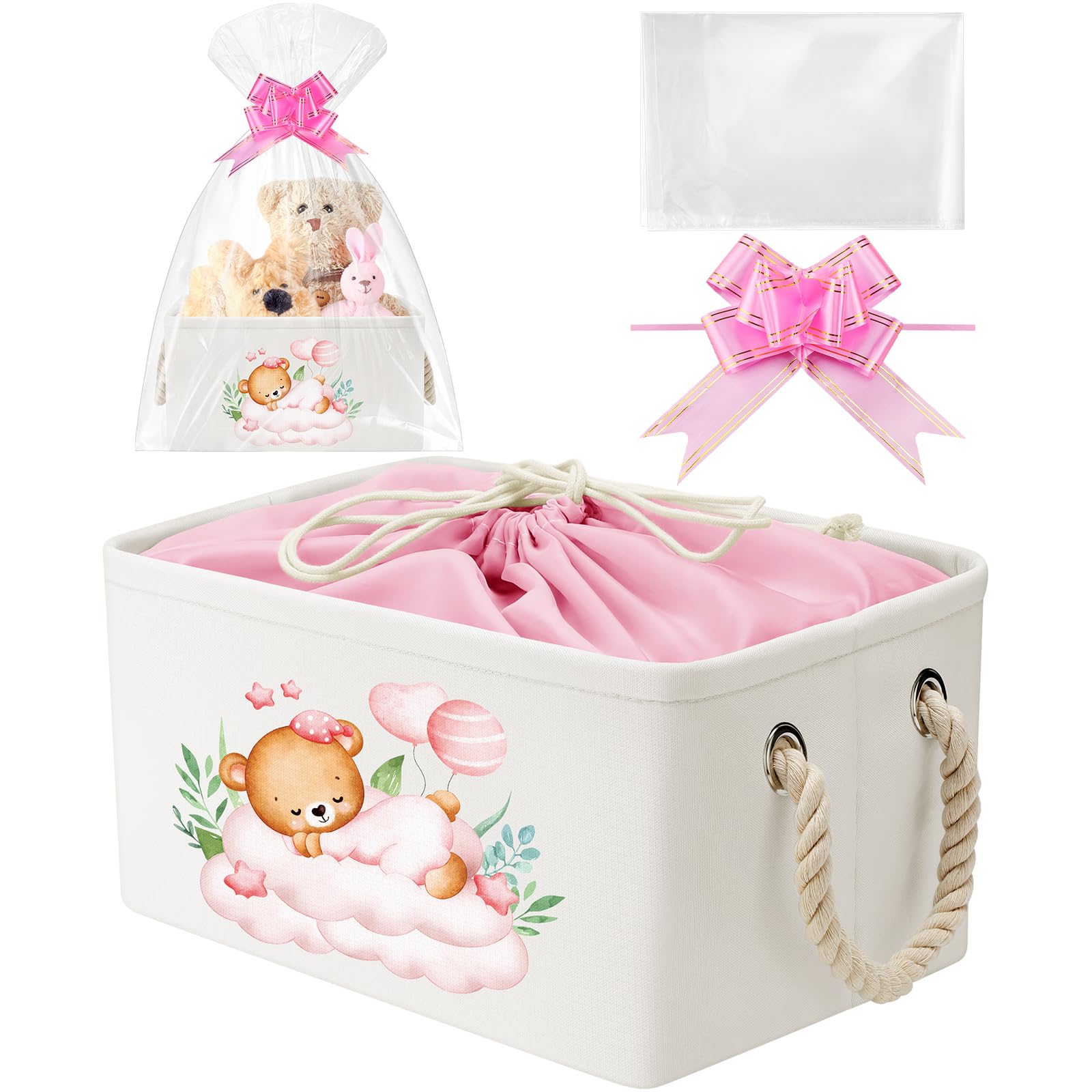 Pickmesh Baby Shower Storage Basket with Gift Bags Rectangular Ribbons Collapsible Canvas Storage Bin with Handles for Diaper Organizing Toy Home DIY