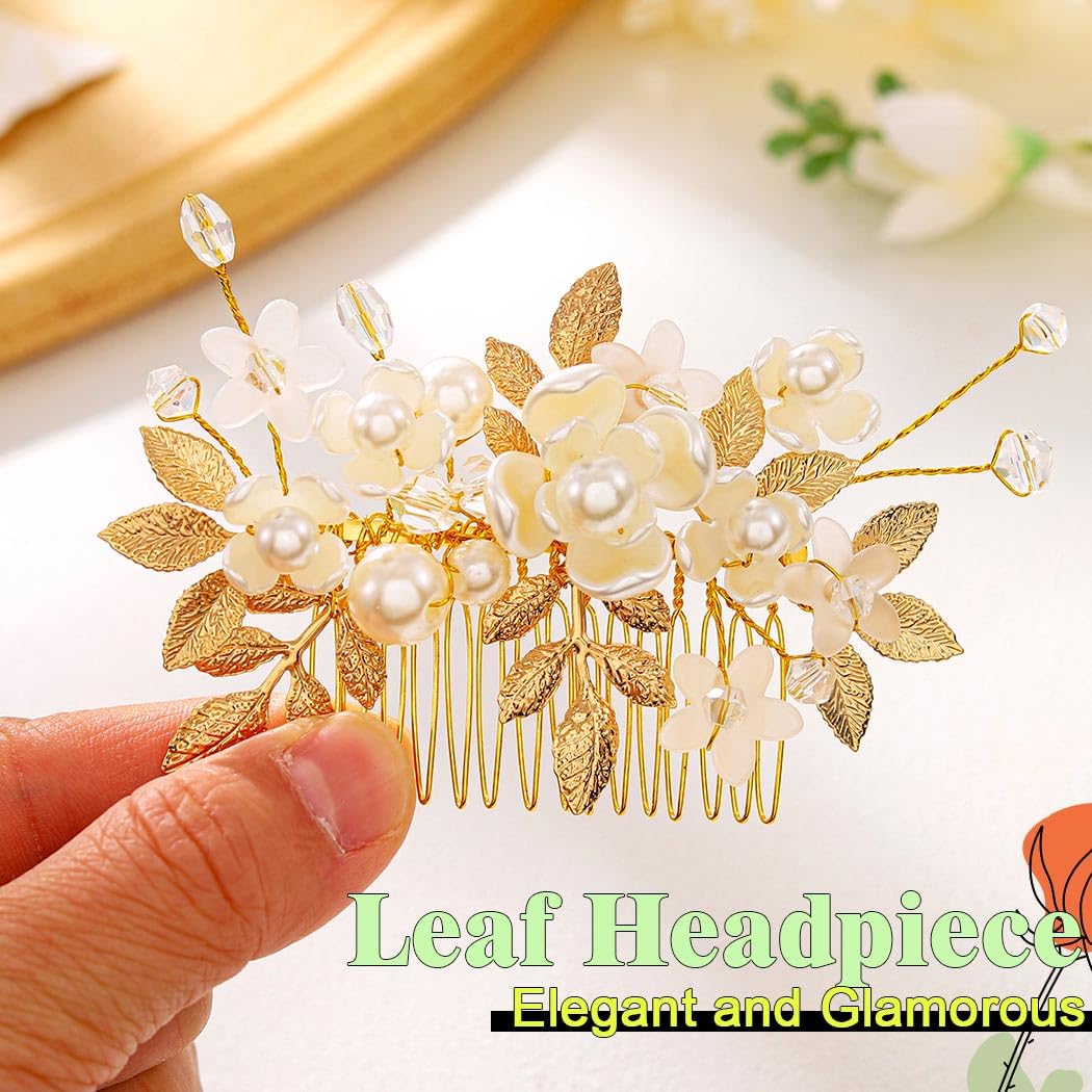 JONKY Flower Bride Wedding Hair Comb Gold Leaf Hair Accessories for Women