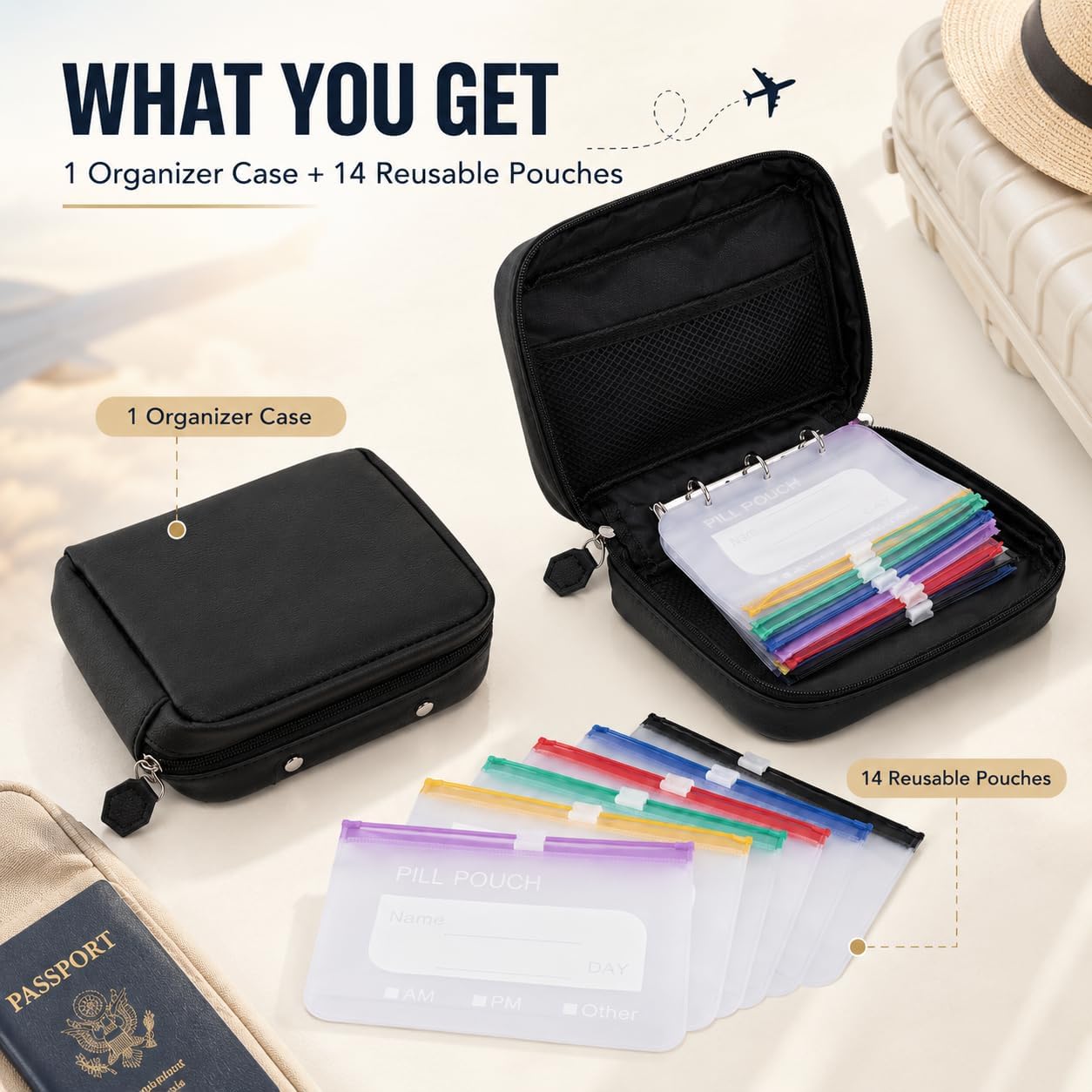 Waterproof Pill Organizer Set - Reusable Travel Medicine Organizer with 14 Color-Coded Pouches, Twice-Daily Large Pill Organizer for Seven Days, Compact & Durable Travel Case (Black)