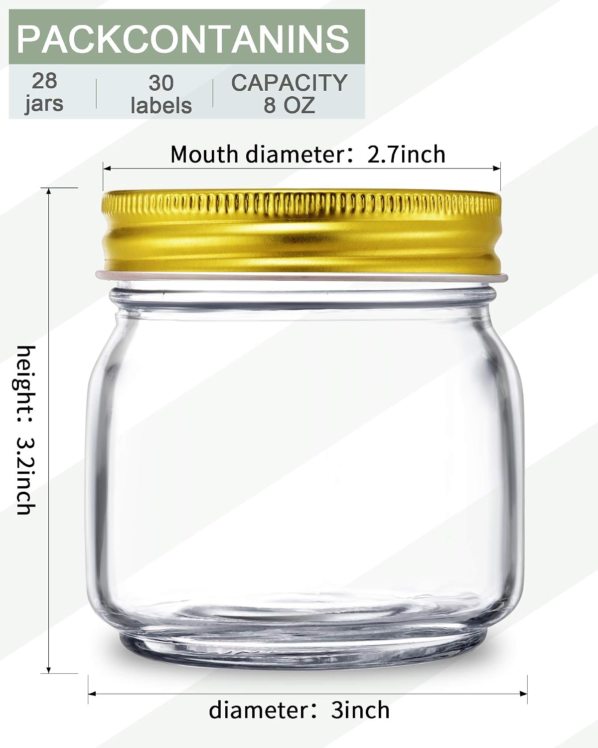 Mason Jars 8 oz, Glass Jars For Kitchen Storage,Canning Jars For Herb,Jelly,Jams,Honey,Dishware Safe, Set of 28