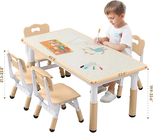 Miniatura 7 de Mesa y sillas para niños, juego para niños pequeños (4 sillas), edades de 5 a 8 años, 16 fundas para patas + 12 bolígrafos de colores