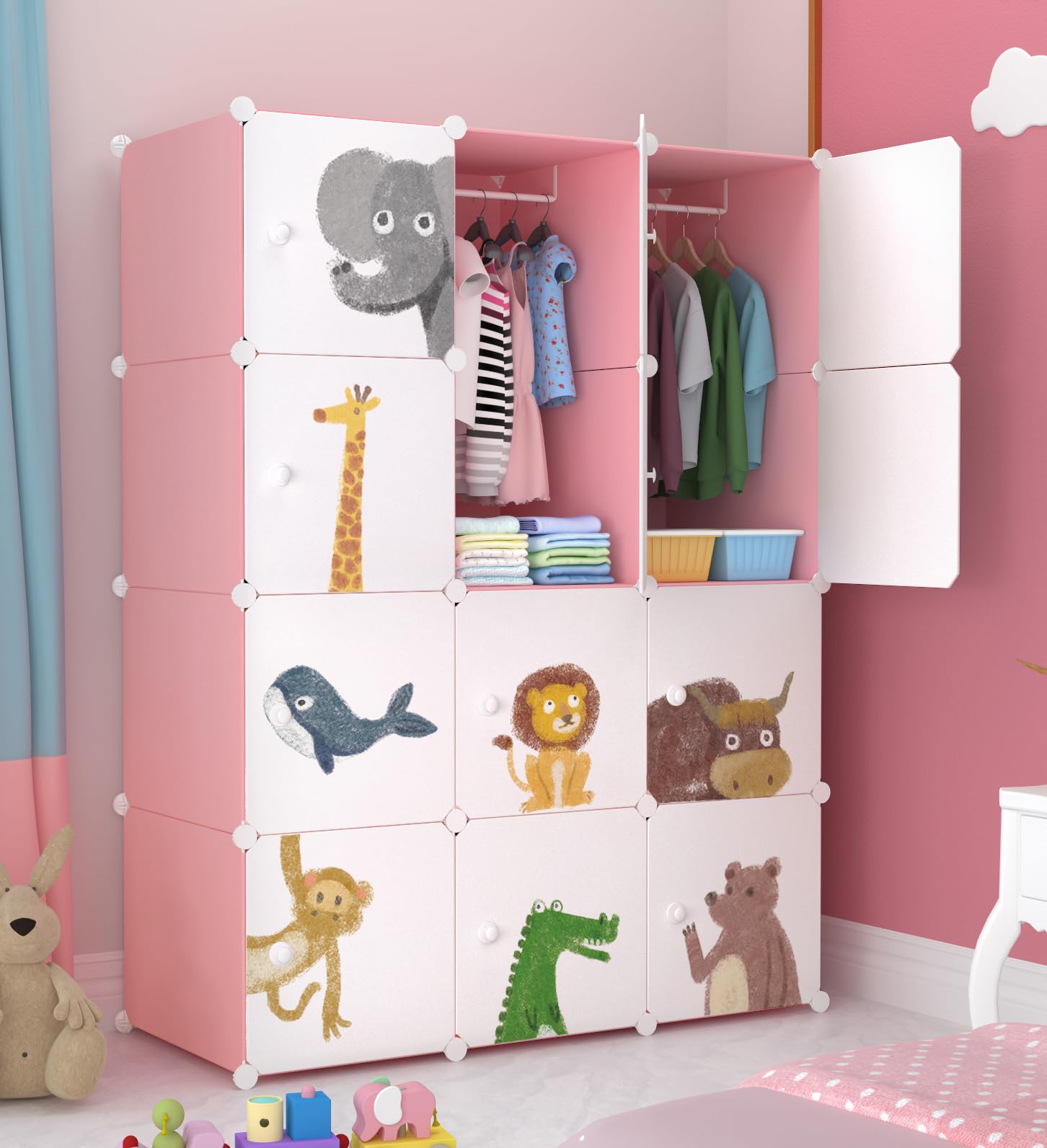 Sunderlook Plastic Wardrobe for Kids Clothes – Collapsible Wardrobe, Easy to Use Anti-Skid & Non-Slip Effective Professional Foldable Plastic Cupboard for Kids, Home (Pink-KTM2, 12 Door)