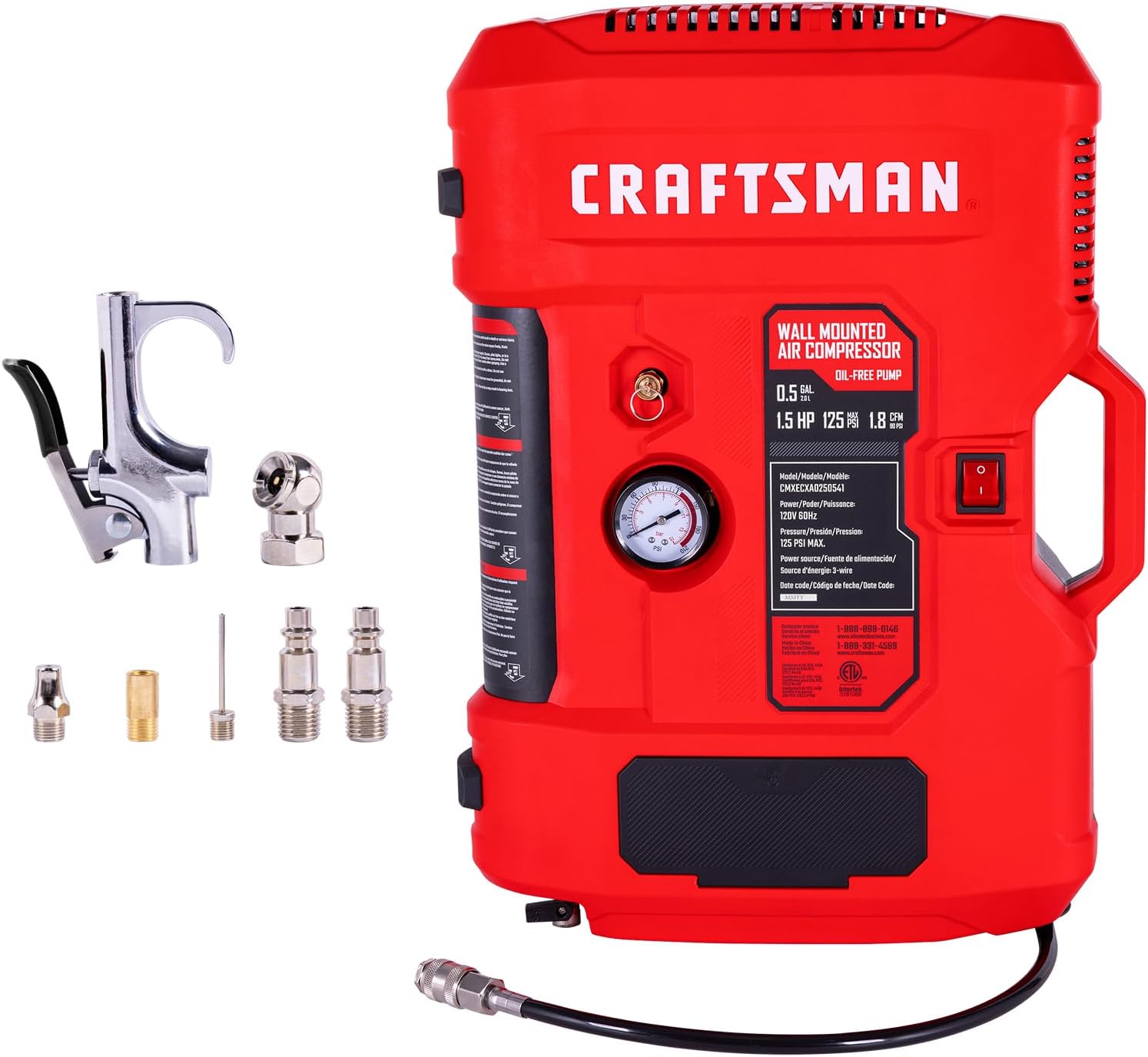 CRAFTSMAN Wall Mount Air Compressor With 7 PCS Accessory Kit, Tire Inflator Portable Air Compressor with Retractable 30ft Air Hose, Mini Tank 125 PSI MAX Pressure & 1.5 HP for Garage and Home