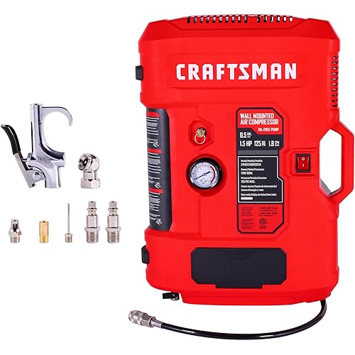 CRAFTSMAN Wall Mount Air Compressor With 7 PCS Accessory Kit, Tire Inflator Portable Air Compressor with Retractable 30ft Air Hose, Mini Tank 125 PSI MAX Pressure & 1.5 HP for Garage and Home