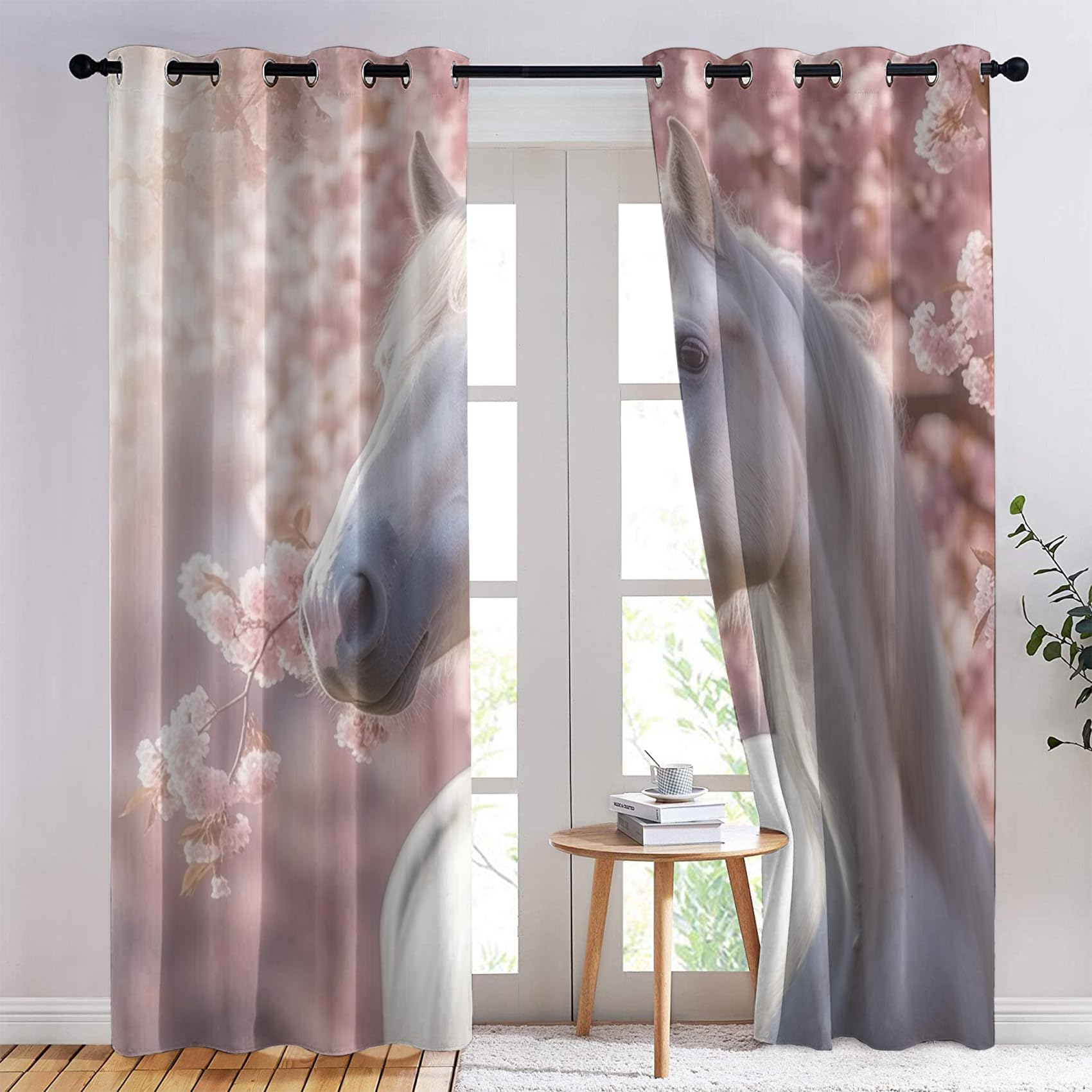 Rideau Occultant Thermiques Cheval - Rideau Chevaux Blanc Fleur Rose, Lot de 2 Rideaux à Oeillets pour Decoration Chambre Salon, Draperies Intérieurs Fenetre, 117x137 cm (LxH)