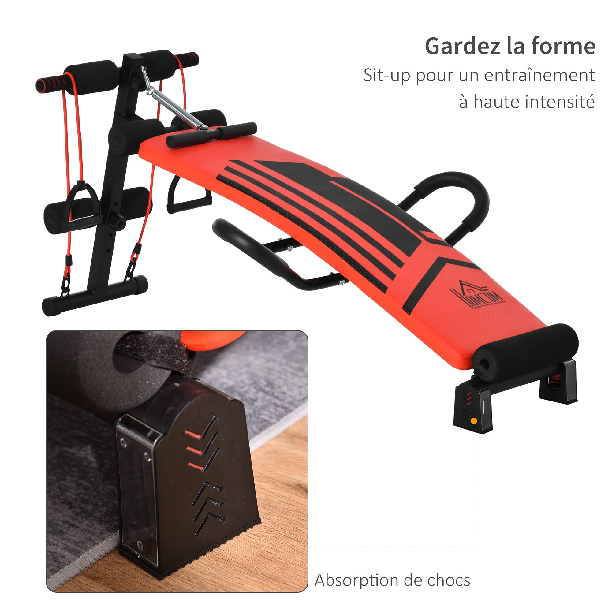 HOMCOM Banc de musculation pliable multifonction appareil fitness sit-up abdo hauteur réglable amortisseurs + sangles élastiques acier revêtement synthétique 137 x 72 x 62 cm rouge noir