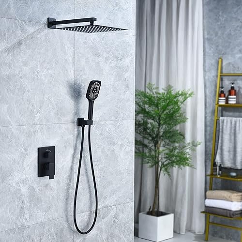 Miniatura 7 de Beati Faucet - Sistemas de ducha color negro mate con cabezal de ducha de lluvia de 12 pulgadas y rociador de mango de mano, juego completo con