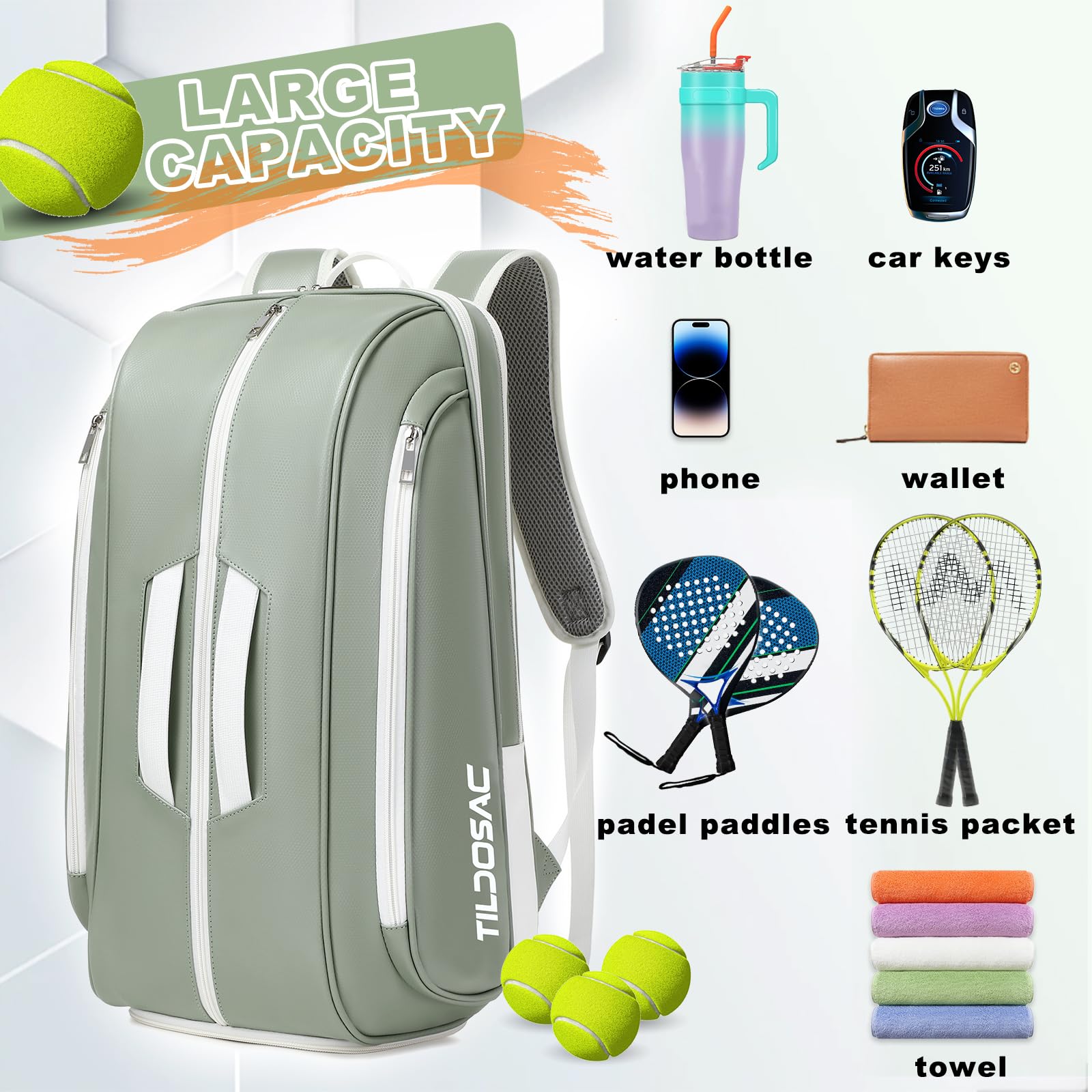 TILDOSAC Borsa da tennis per padel da tennis, grande borsa sportiva Pickleball per uomini e donne con scomparto per scarpe, laptop sleeve, recinzione, palla