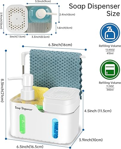 Miniatura 7 de Juego de dispensador de jabón de manos y jabón para platos para cocina, dispensador de jabón doble con soporte para esponja y soporte para paños de