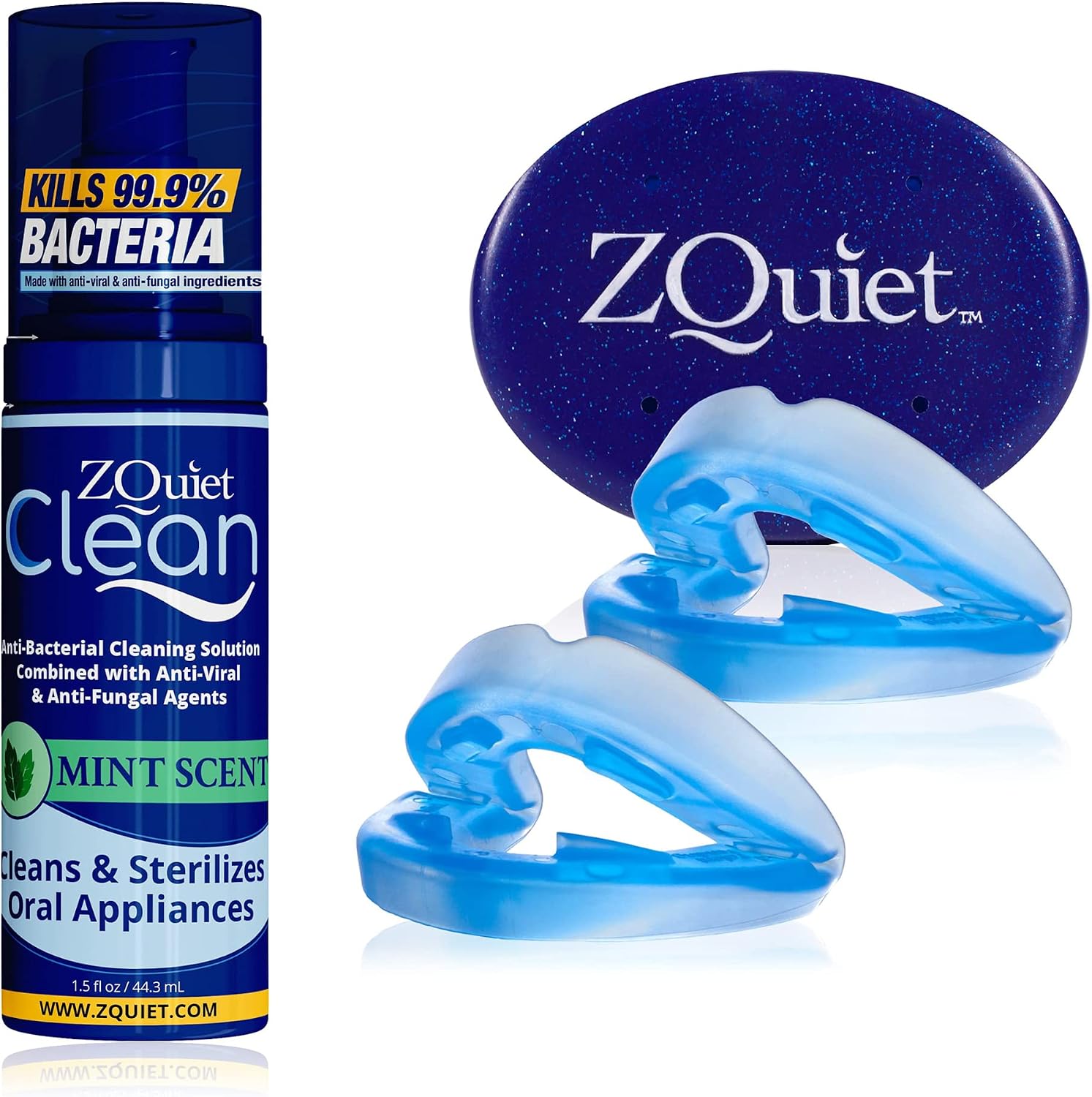 ZQuiet Anti-Snoring Mouthpiece Solution - Introductory Starter Kit (Two Sizes Included) + Cleaner (1.5oz Bottle) - Made in USA Snoring Solution for a Better Night’s Sleep (Blue)