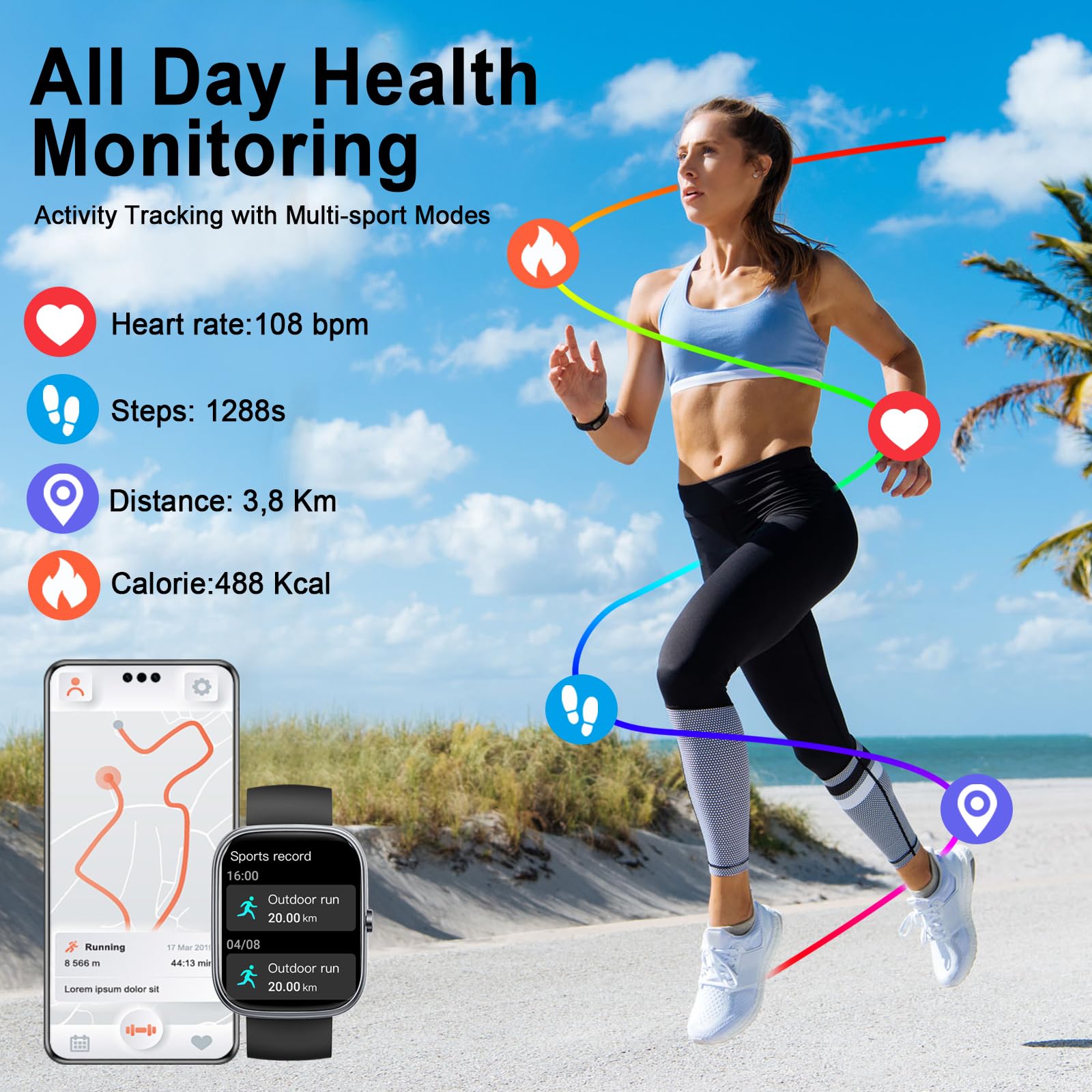 Smartwatch Herren, 1.91"HD Smart Watch Damen Schlafmonitor Schrittzähler Herzfrequenz Fitness Tracker, Fitnessuhr Bluetooth Anrufe, 110+Sportmodi Sport Uhr, IP68 Wasserdicht Watch iOS Android Schwarz