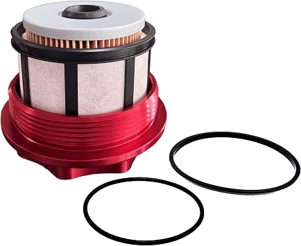 iFJF FD-4596 Fuel Filter and Red Aluminum Cap Replacement for Ford 7.3L | 6061-T6 Aluminum Anti-Leak Cap, 98% Efficiency 10 Micron Fuel Filter, OE F81Z9G270BA, for F250-F550 E350-E550 Excursion