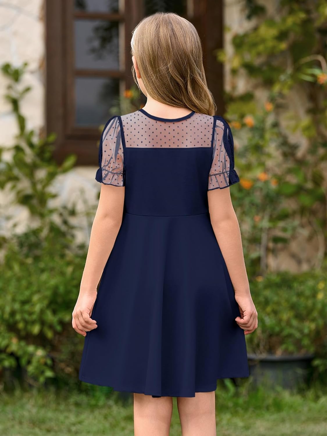 Haloumoning Girls Contrast Mesh Puff Short Sleeve Dress Kids High Waist A Line Casual Dresses with Pockets 4-14 Years - Image 6